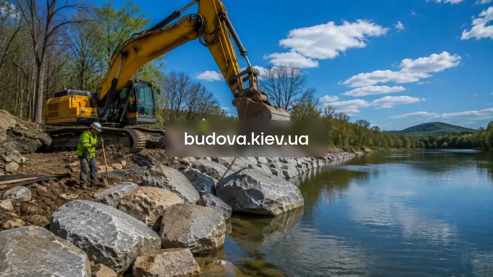 Берегоукріплення у Київській області — укладання каменів вздовж берега річки екскаватором