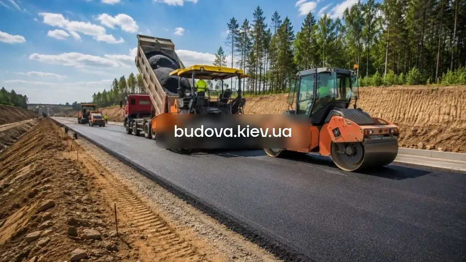 Будівництво доріг у Києві — асфальтоукладчик та каток укладають нове покриття
