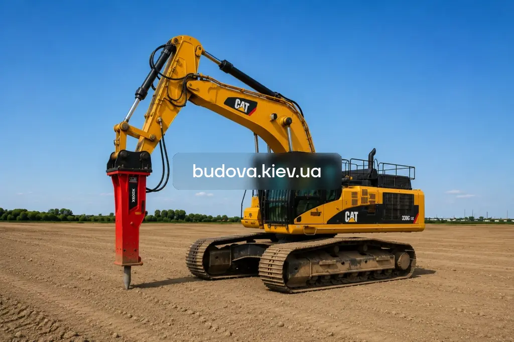 Аренда CAT 320 с гидромолотом MTB 215 в Киеве и Киевской области — демонтаж бетонных конструкций