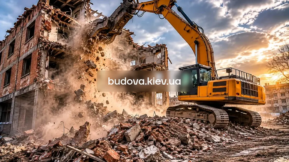 Демонтаж будівель у Києві — великий екскаватор руйнує цегляну будівлю