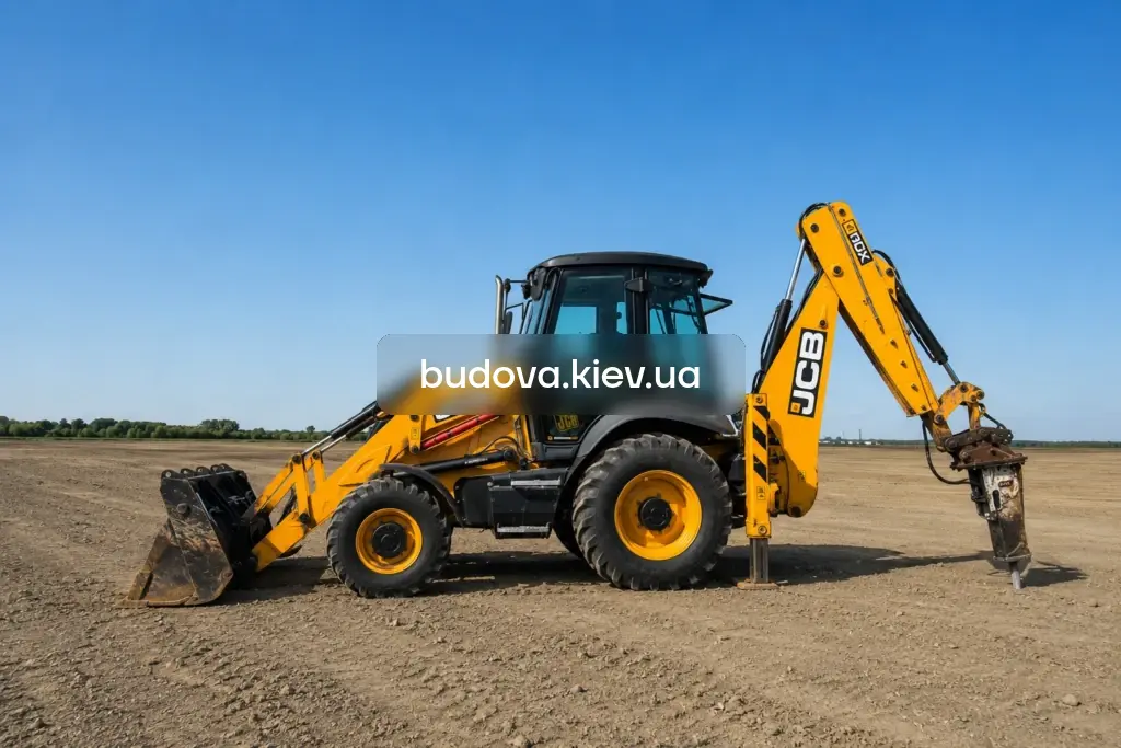 Аренда JCB 3CX с гидромолотом в Киеве и Киевской области — разрушение бетона и фундаментов