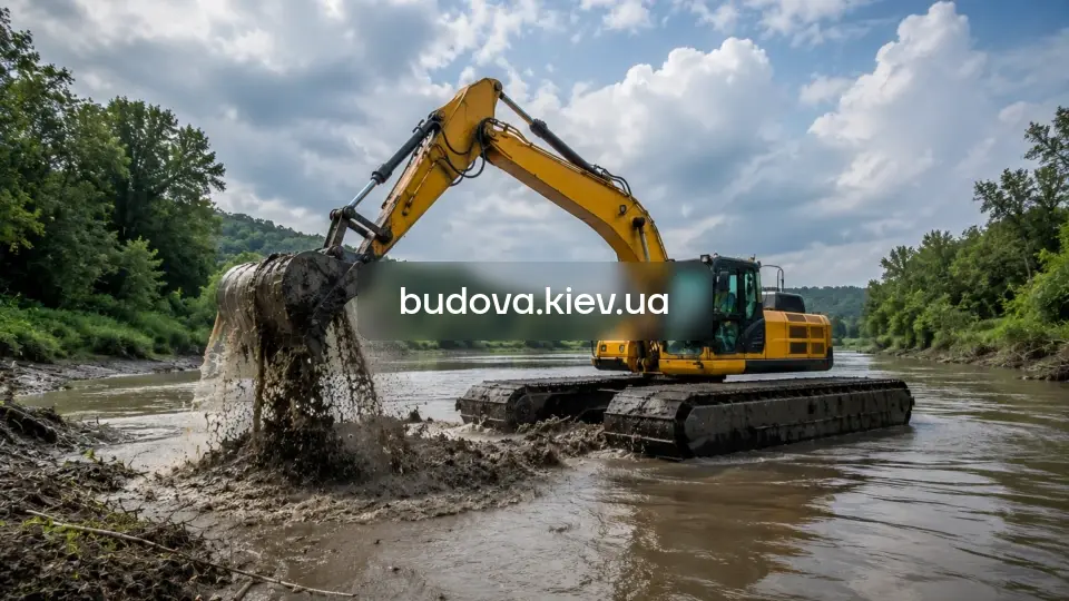 Очищення водойм та берегів — екскаватор-амфібія видаляє мул з річки у Київській області