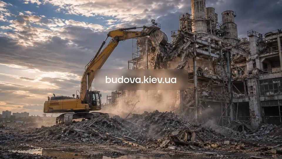 Промышленный демонтаж в Киевской области — снос крупного промышленного объекта тяжёлой техникой