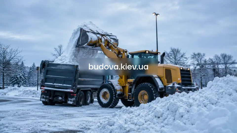 Прибирання та вивіз снігу у Києві — спецтехніка розчищає парковку взимку