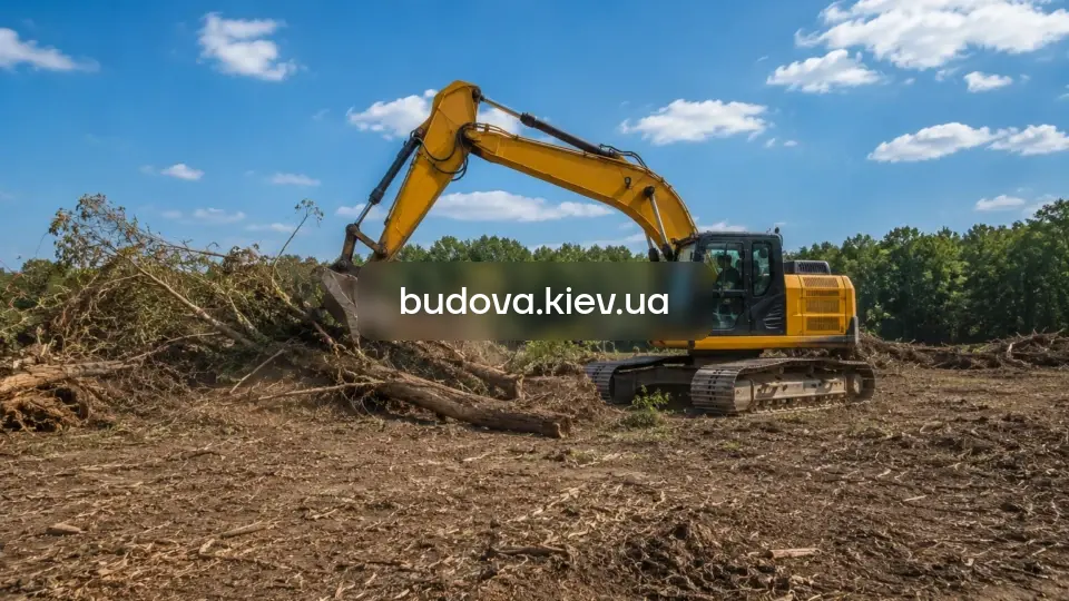 Расчистка участков в Киевской области — экскаватор убирает деревья и кустарники