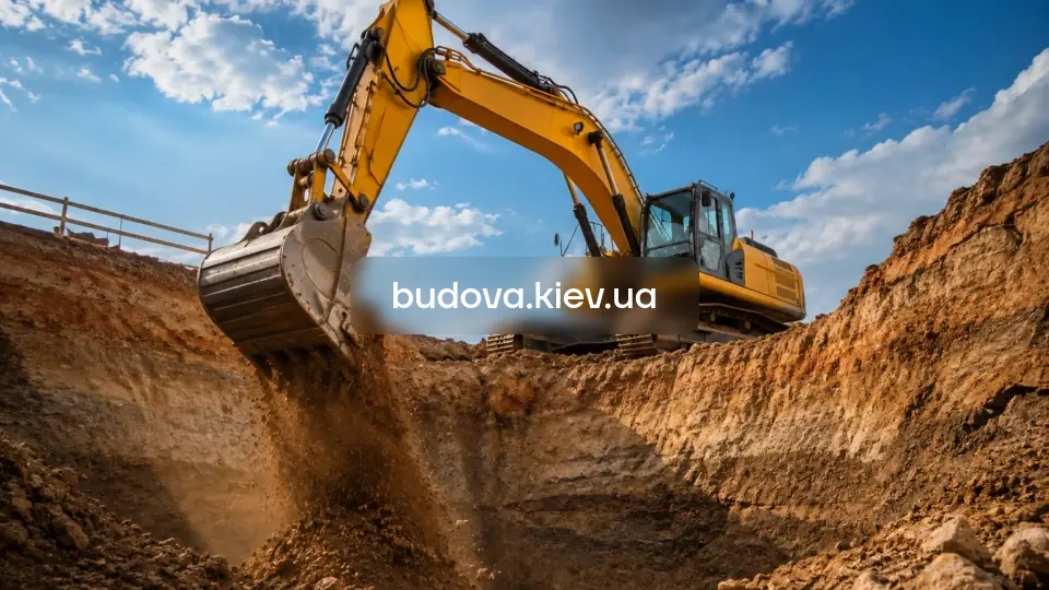 Разработка котлована в Киеве — гусеничный экскаватор копает глубокий фундаментный котлован