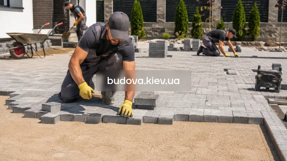 Вкладання тротуарної плитки ФЕМ у Києві — бруківка на підготовленій піщаній основі