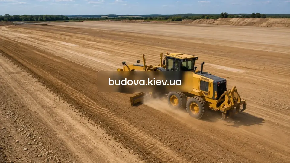 Вертикальне планування ділянки у Києві — автогрейдер вирівнює поверхню будмайданчика