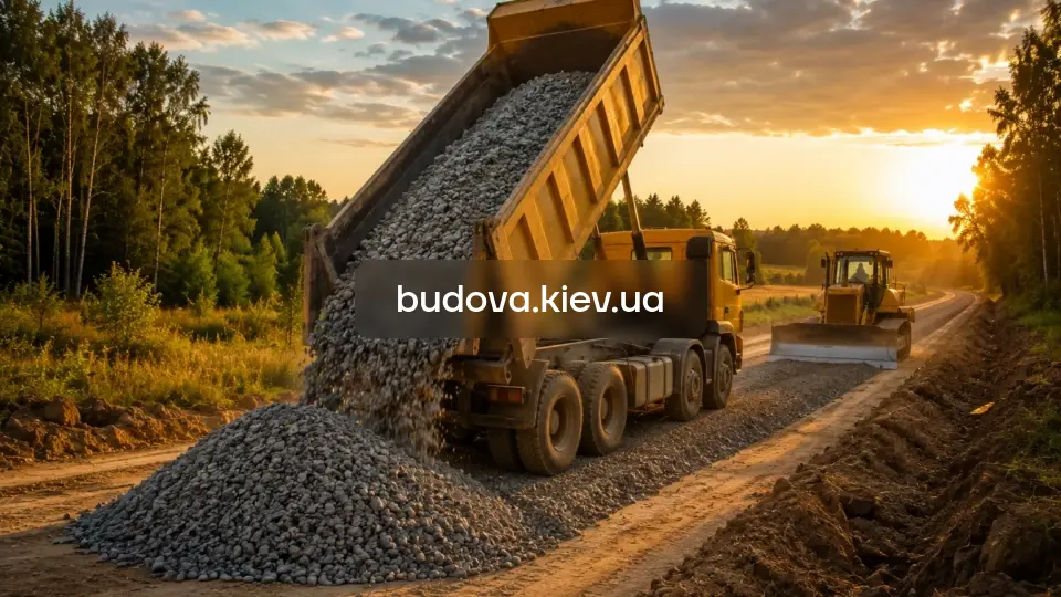 Отсыпка гравийной дороги в Киевской области — самосвал выгружает щебень на основание дороги