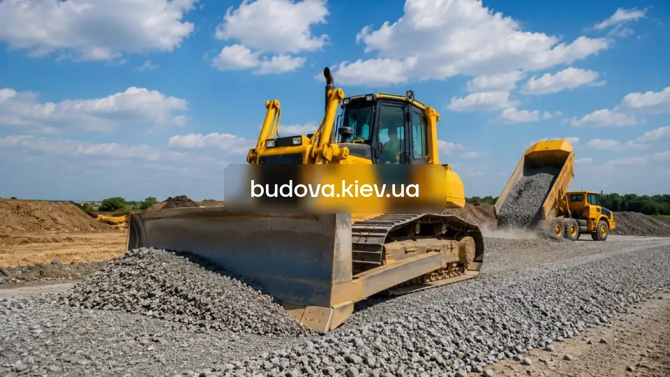 Відсипка та вирівнювання ділянки у Києві — бульдозер рівняє щебінь на будмайданчику