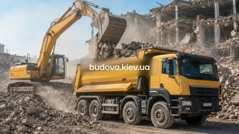 Вивіз сміття у Києві — самоскид завантажується будівельним брухтом на демонтажному майданчику