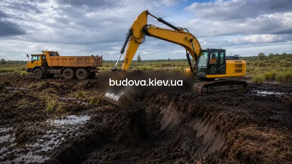 Виїмка торфу у Київській області — екскаватор видаляє шар торфу на заболоченій ділянці
