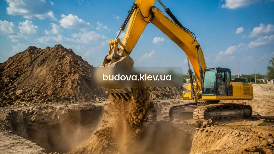 Земляні роботи у Києві та Київській області — екскаватор JCB копає котлован на будмайданчику