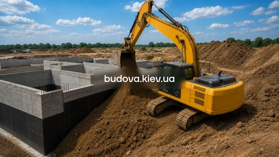 Зворотна засипка фундаменту у Києві — екскаватор засипає ґрунт навколо стін підвалу